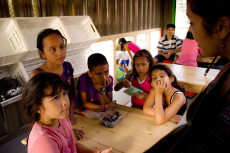 KIds at the tables made from recycled pallets