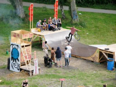 the skate ramp and watchtower